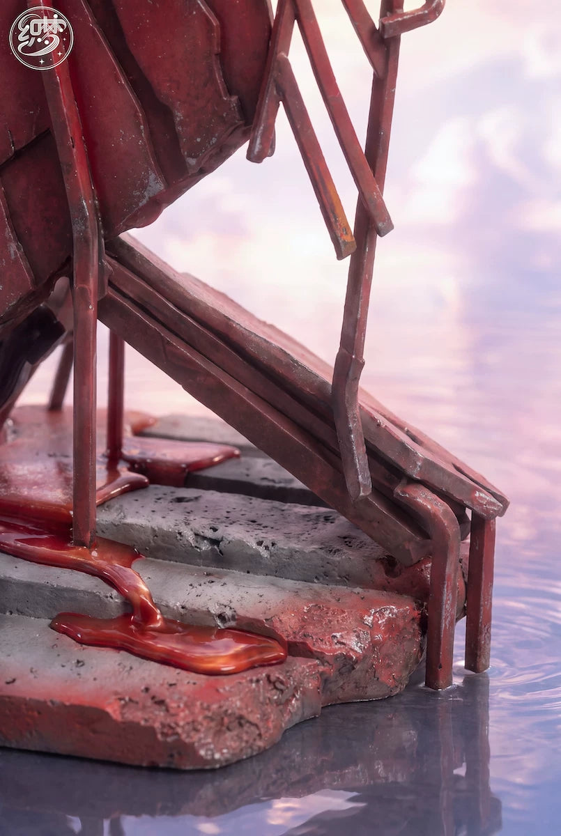 Asuka Langley Soryu – Dettaglio base diorama sedia rossa distrutta effetti sangue e acqua