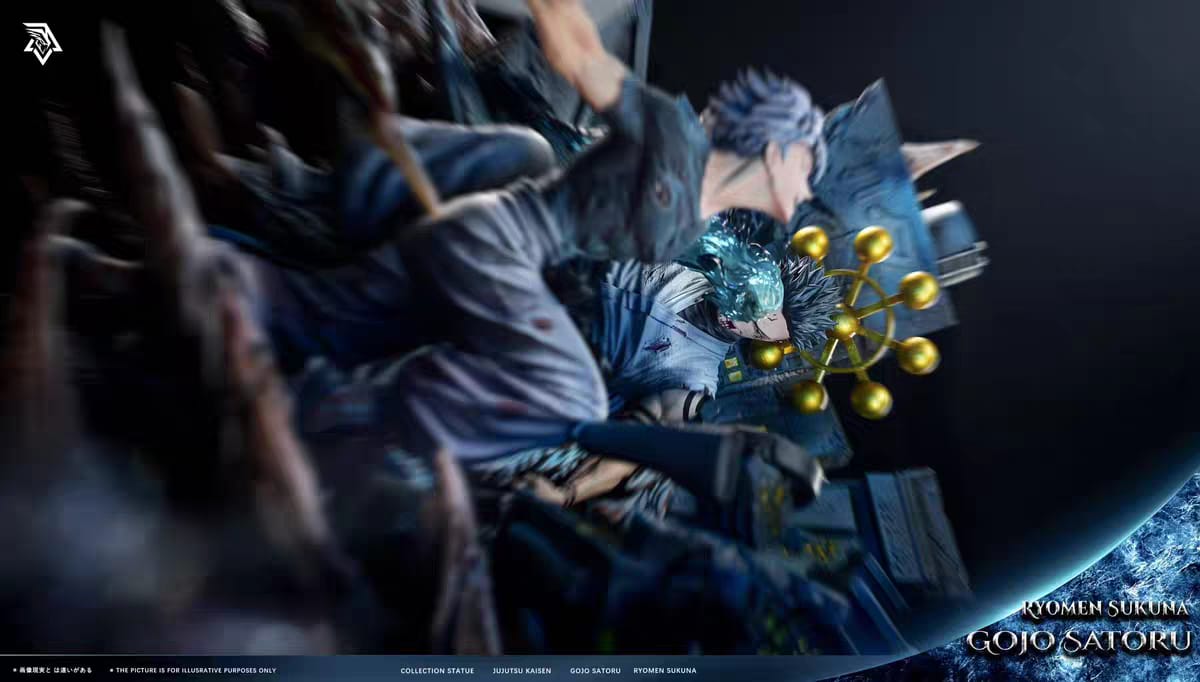 Dettaglio scultura volto Gojo Satoru statua resina SSC Studio – espressione battaglia Jujutsu Kaisen