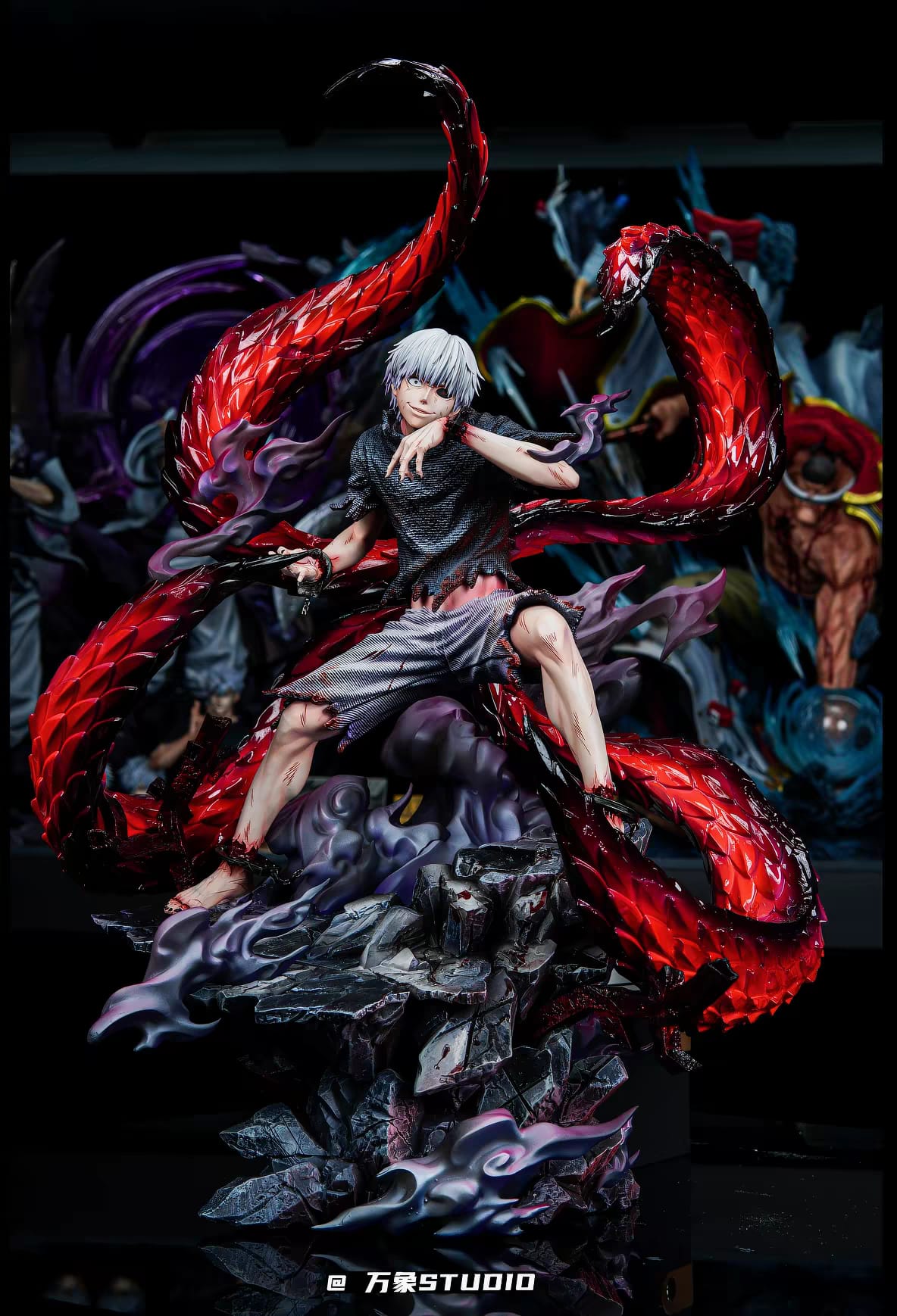 Statua Kaneki Ken 1/6 Tokyo Ghoul Wanxiang Studio vista frontale con kagune rosso