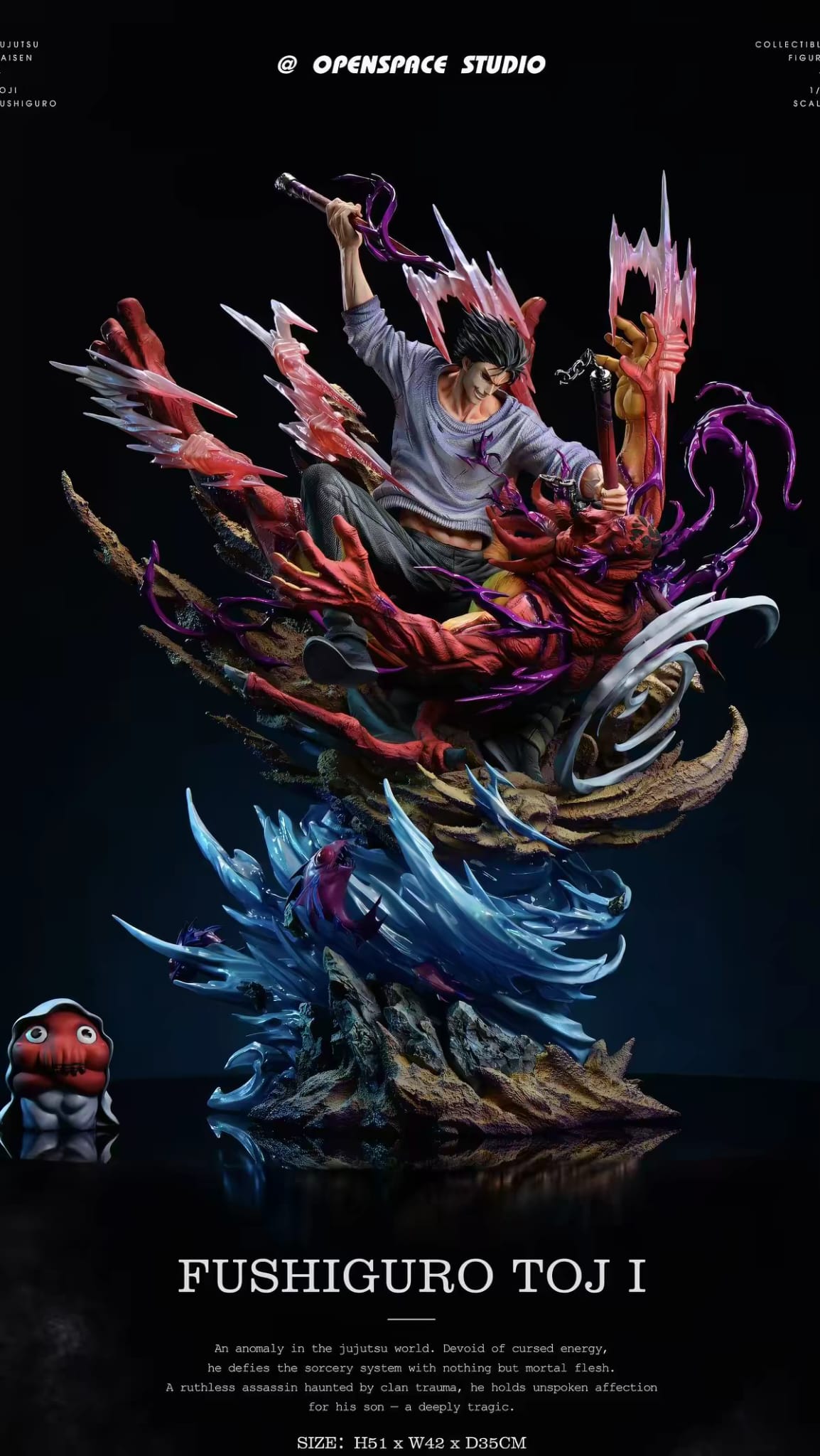 Diorama completo di Toji Fushiguro vs Dagon di Open Space Studio con base rocciosa ed effetti d'acqua