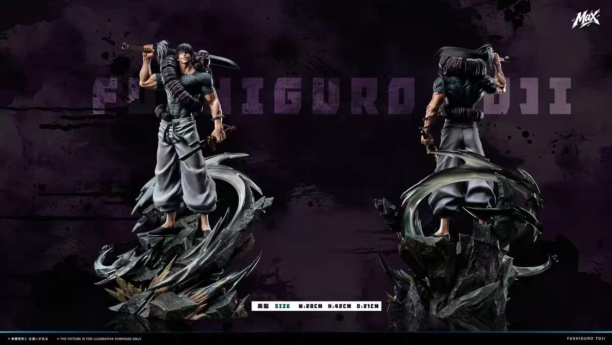 Vista frontale e posteriore della statua 1/6 Toji Fushiguro versione Deluxe con misure 42cm di MAX Studio per FiguresZone